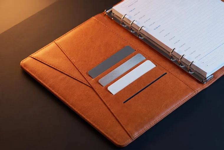Illustration: inside the front cover, four card slots and a document pocket